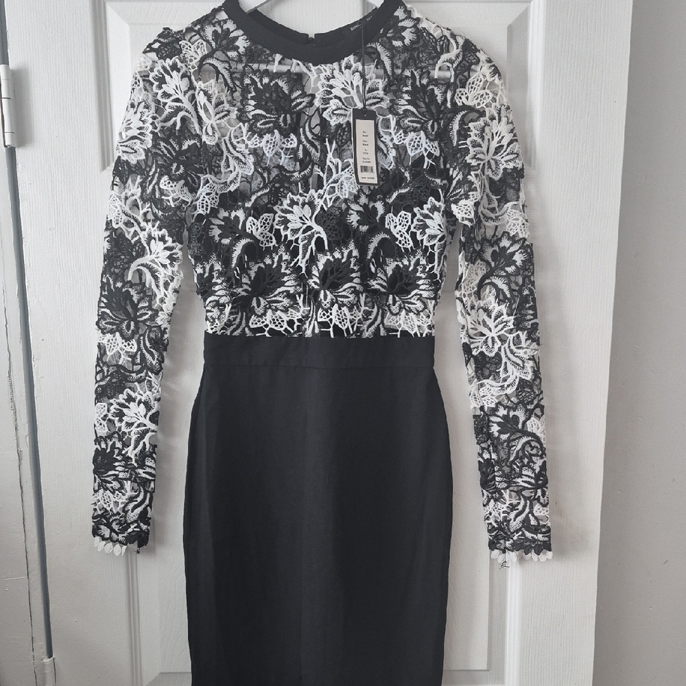 Black & White Lace Long Sleeve Dress | Cocktail Formal Wedding Guest | S